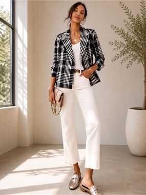 Ann Taylor Black & White Plaid Double-Breasted Blazer